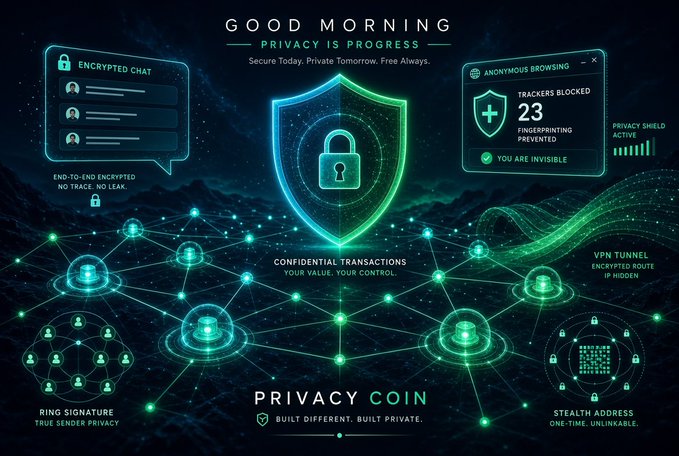 A promotional graphic for 'PRIVACY COIN' with the tagline 'Privacy is Progress,' highlighting features like encrypted chat, anonymous browsing, and confidential transactions.