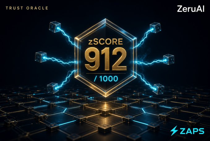 A digital graphic displaying a "zSCORE 912 / 1000" badge in a golden hexagon, surrounded by glowing blue cubes and circuit-like patterns, with "TRUST ORACLE", "ZeruAI", and "ZAPS" logos.
