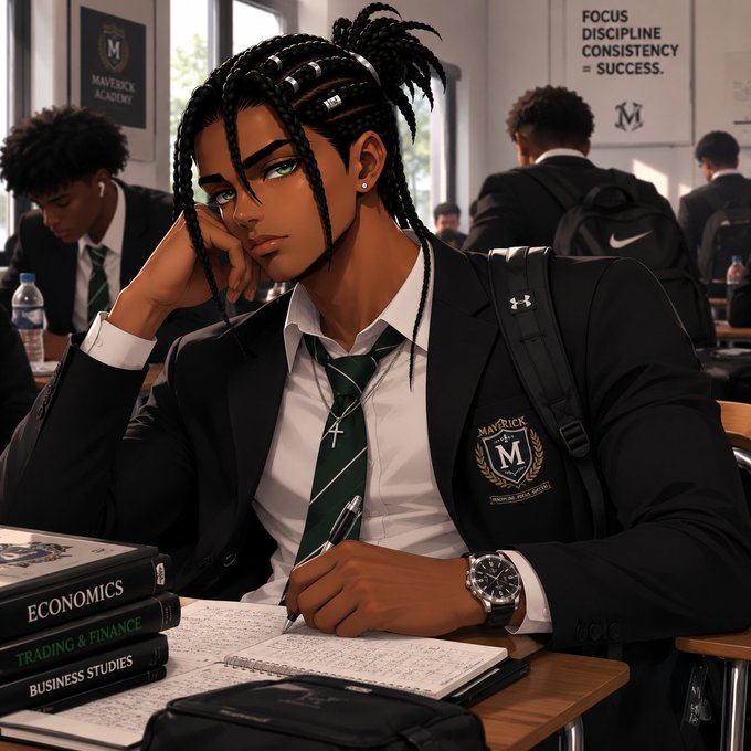 An anime-style illustration of a student with braided hair in a 'Maverick Academy' uniform, sitting at a desk with books on 'Economics', 'Trading & Finance', and 'Business Studies', with a wall reading 'FOCUS DISCIPLINE CONSISTENCY = SUCCESS.'