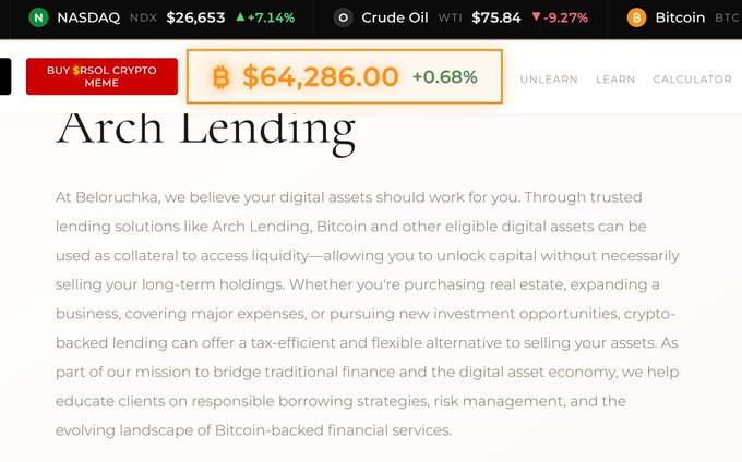 A screenshot of a Beloruchka website describing 'Arch Lending' for crypto-backed loans, with Bitcoin priced at $64,286.00 (+0.68%) highlighted at the top alongside NASDAQ and Crude Oil tickers.