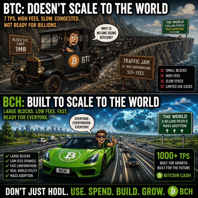 Comparison infographic contrasting "BTC: DOESN'T SCALE TO THE WORLD" (depicted as an old car on a traffic-jammed dirt road with 7 TPS, 1MB blocks, and high fees) against "BCH: BUILT TO SCALE TO THE WORLD" (depicted as a green sports car on a modern highway with 1000+ TPS and low fees), branded with the BITCOIN CASH logo.