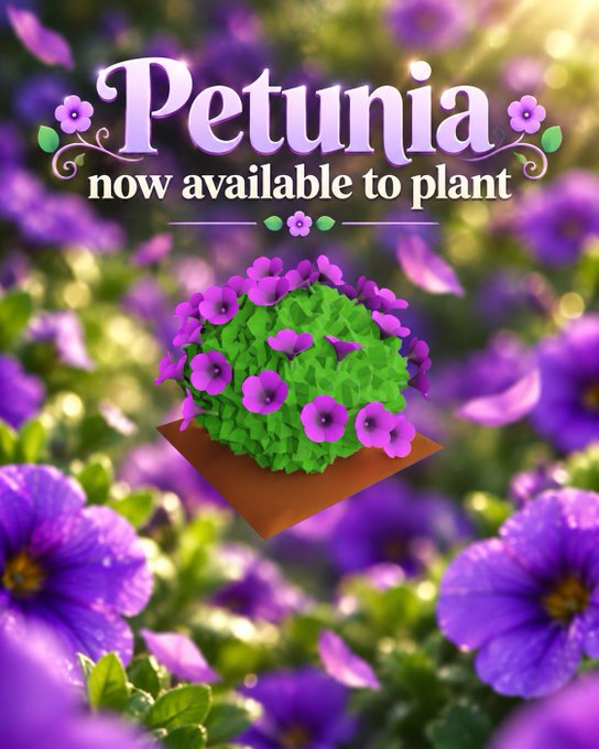 A promotional graphic announcing 'Petunia - now available to plant' featuring a low-poly plant with purple flowers.
