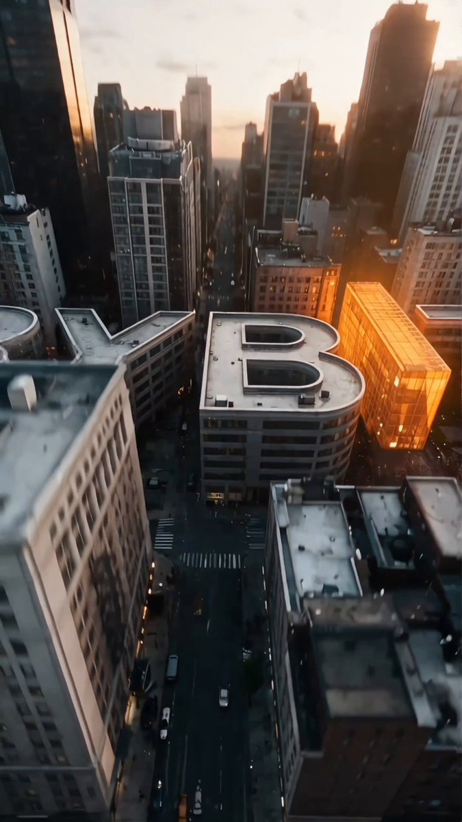 An aerial cityscape at sunset features large 3D block letters "N", "B", and "R" resting atop rooftops, with the golden-lit "R" standing out among the gray buildings. The towering typography and elevated viewpoint visually reinforce the "See the bigger picture" message by encouraging viewers to look beyond the surface of the urban landscape.
