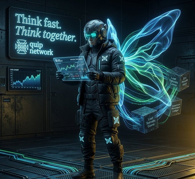 The image features a man dressed in black, standing in front of a computer screen with his arms crossed. He appears to be wearing a helmet and goggles for safety while working at the computer. The background shows a futuristic setting with blue lights and a large neon sign that reads "Think fast. Think together. Quip network". This suggests that the man might be involved in some form of technology or innovation, possibly related to the Quip network.