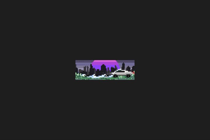 A very small, pixelated image centered on a large black background, showing what appears to be a car in front of a purple city skyline silhouette.