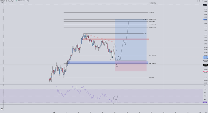 The image is a TradingView 2-hour chart for **PONS/USD** with Fibonacci retracement/extension levels drawn from a swing low (0.236 at 1.16149) to a swing high (1.0 at 1.22955), showing price consolidating near the 0.618 level (~1.21359) before a projected move toward the TP at 1.22330, with RSI trending upward in the lower panel — aligning with the "player ready" bullish setup post as price hovers at key Fib confluence awaiting breakout.