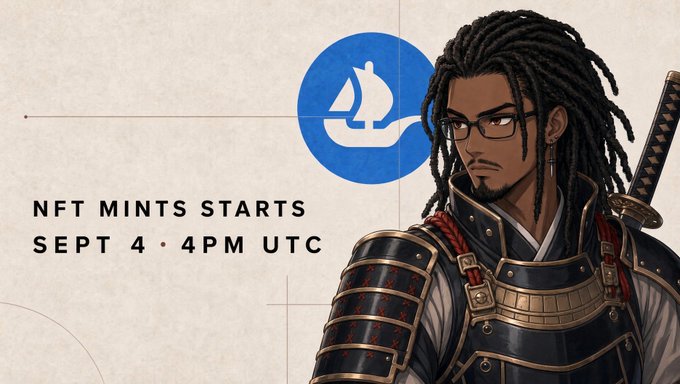 A promotional graphic featuring an illustrated samurai character with dreadlocks and glasses, advertising an NFT mint with text 'NFT MINTS STARTS SEPT 4 • 4PM UTC' next to the OpenSea logo.