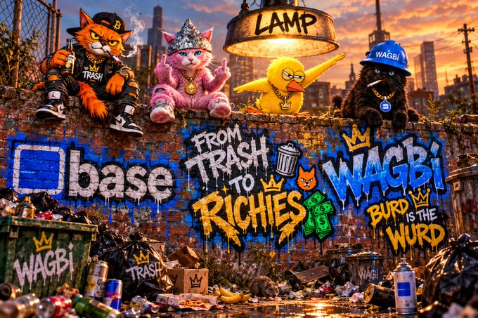 A colorful graphic shows cartoon characters (a cat, pink cat, yellow bird, and black bird) sitting on a trash-filled wall with graffiti reading 'Base', 'From Trash to Riches', and 'WAGBI Burd is the Wurd'.