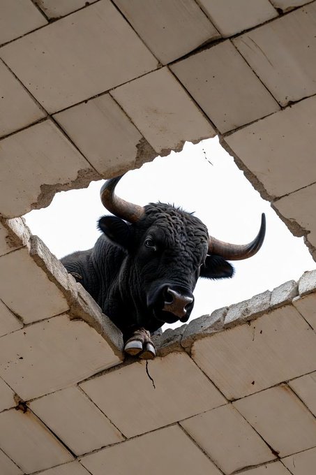 A black bull with horns looking down through a hole in a tiled roof, set against a bright sky.