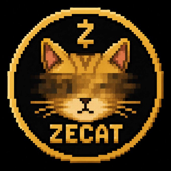 A pixel art logo of an orange cat with a Z symbol above its head, encircled by an orange ring, with the text 'ZECAT' below, set against a black background.