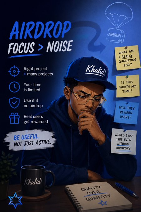A graphic titled 'AIRDROP FOCUS > NOISE' featuring a man in a 'Khalid!' cap at a desk with sticky notes reading 'WHAT AM I REALLY QUALIFYING FOR?', 'IS THIS WORTH MY TIME?', 'WILL THEY REWARD USERS?', and 'WOULD I USE THIS EVEN WITHOUT AIRDROP?', along with a notebook reading 'QUALITY OVER QUANTITY'.