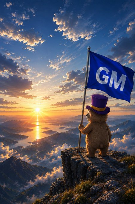 A teddy bear wearing a purple top hat stands on a rocky cliff holding a blue flag that says 'GM', overlooking a vast mountainous landscape at sunrise.