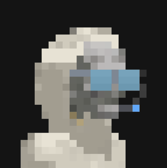 A highly pixelated, abstract composition of beige, gray, and blue blocks against a black background, resembling a glitchy or corrupted digital image.