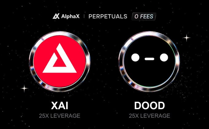 A promotional graphic for AlphaX Perpetuals displays two circular coin-style logos: a red XAI token and a black DOOD token, both advertised with '25X LEVERAGE' and '0 FEES' against a starry black background.