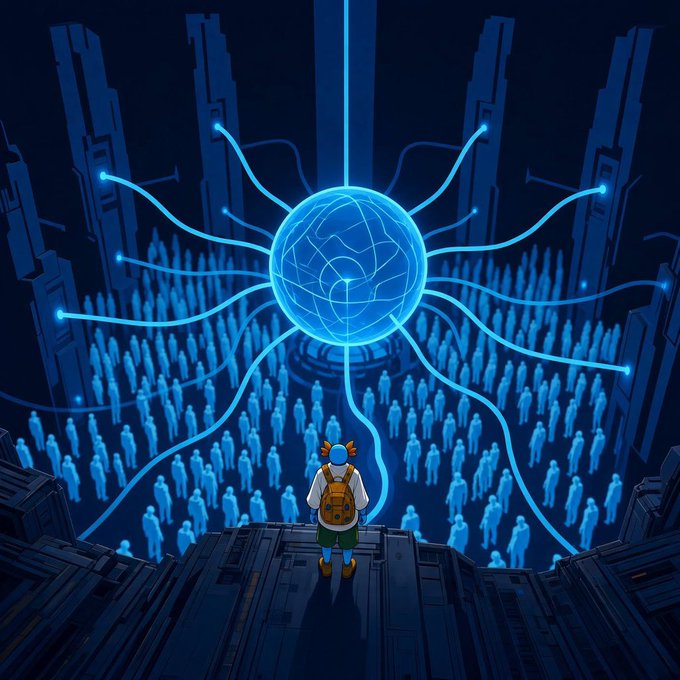 A lone figure with a backpack stands on a platform overlooking a vast blue-lit futuristic chamber where a glowing spherical structure with tendrils hovers above a crowd of translucent humanoid silhouettes.