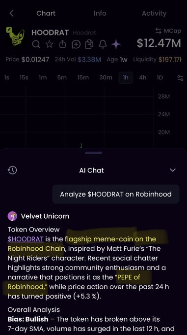A screenshot of a Robinhood Crypto chart for $HOODRAT shows a market cap of $12.47M, a price of $0.01247, and 24-hour volume of $3.38M. An AI Chat overlay titled "Velvet Unicorn" provides a bullish token overview, describing HOODRAT as "the flagship meme-coin on the Robinhood Chain" and positioning it as the "PEPE of Robinhood," aligning with the post's claim.