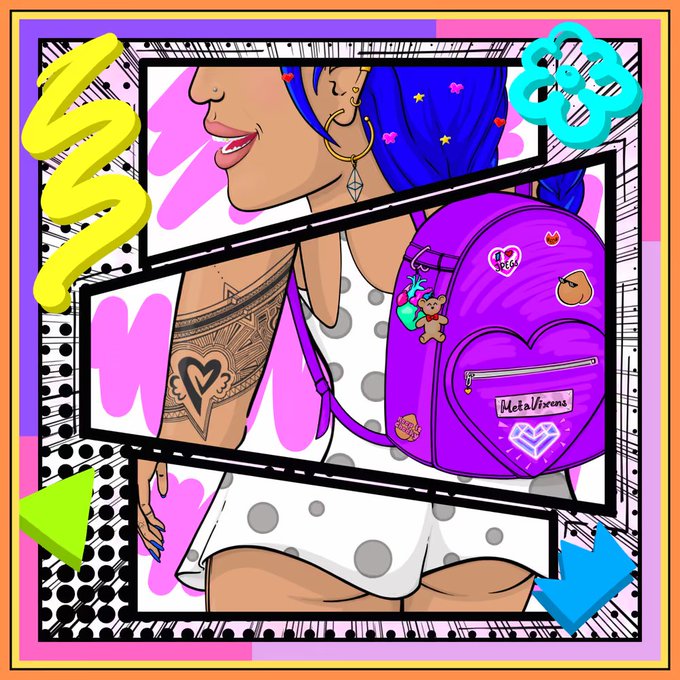 A vibrant pop-art style image depicts a woman with blue hair and tattoos wearing a purple backpack labeled 'MetaVirgens', featuring a teddy bear sticker and a heart pocket.
