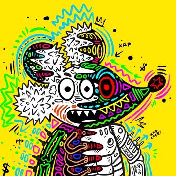 Vibrant, psychedelic artwork of a cartoonish figure with horns and a wide grin, featuring text 'XRP' and 'FIT' on a yellow background.