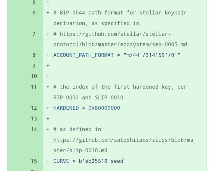 The image displays a code snippet referencing Stellar keypair derivation using BIP-0044 standards, showing the ACCOUNT_PATH_FORMAT as "m/44'/314159'/0'", the HARDENED value of 0x80000000, and the CURVE defined as b'ed25519 seed' based on SLIP-0010 specifications, which directly corresponds to the key derivation details for Pi Network mentioned in the accompanying post.