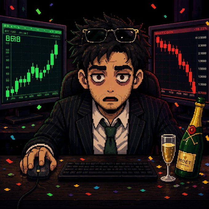 A tired, exhausted-looking pixel art character in a pinstripe suit sits at a desk with two monitors showing opposite market directions—BTC/USD green at +12.65% and SHITCOIN red at -18.23%—while grasping a mouse beside a bottle of "MOET Imperial" champagne, surrounded by confetti that suggests a bittersweet mix of celebration and ruin. The image visually captures the post's ironic "REKT BROKERS" NFT concept of degen traders trying not to get liquidated, embodying the wild-eyed burnout of a crypto day-trader riding both euphoric gains and brutal losses.