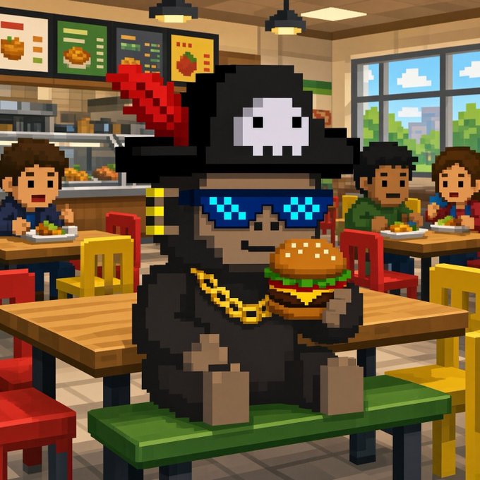 A pixel art scene depicts a black cat-like character wearing a pirate hat with skull insignia, glowing blue pixel sunglasses, and a gold chain, holding a hamburger while seated at a green bench in a fast-food restaurant.