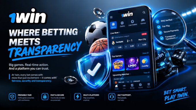 A promotional advertisement for '1win' betting platform featuring a smartphone displaying their app with sports betting options, surrounded by sports balls and casino chips, with the tagline 'WHERE BETTING MEETS TRANSPARENCY'.