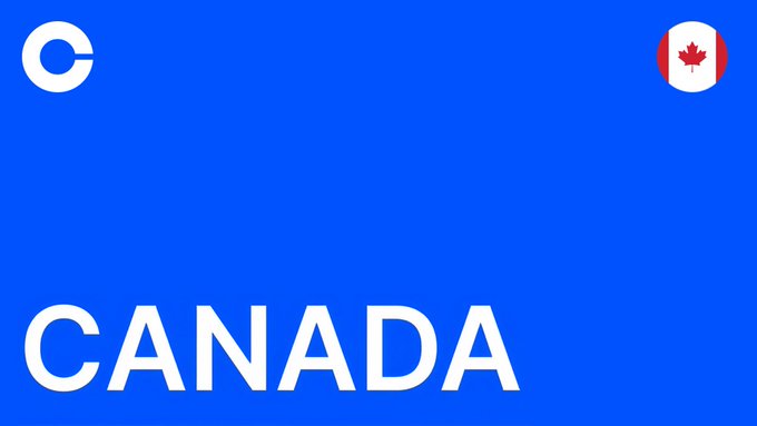 A bold blue graphic with "CANADA" in large white text, accompanied by a Canadian flag icon in the upper right and the Coinbase logo in the upper left, promoting the launch of USDC rewards on the Coinbase app for Canadian users.