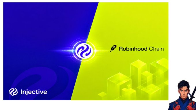 A promotional graphic showing the Injective and Robinhood Chain logos with a glowing connection symbol between them on a blue and yellow split background.