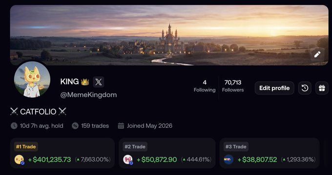 The image shows a social media profile for "KING 👑 𝕏" (@MemeKingdom) with a 𝕏 CATFOLIO featuring 159 trades and a 10-day average hold, highlighting top trades including #1 ($401,235.73, 7,663% gain), #2 ($50,872.90, 444.61% gain), and #3 ($38,807.52, 1,293.36% gain). The profile relates to the post by showcasing a successful meme coin trader's portfolio on the X platform, with one of the top trades likely being $WYAC.