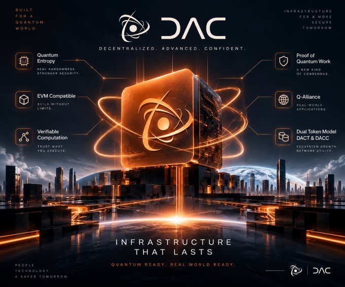 A promotional graphic for 'DAC' (Decentralized. Advanced. Confident.) featuring a glowing cube over a cityscape, highlighting features like 'Quantum Entropy,' 'EVM Compatible,' 'Verifiable Computation,' 'Proof of Quantum Work,' 'Q-Alliance,' and 'Dual Token Model DACT & DACC' with the tagline 'INFRASTRUCTURE THAT LASTS.'