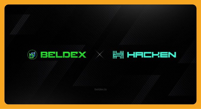 A banner-style graphic showing a partnership between "BELDEX" and "HACKEN" with the URL "beldex.io" at the bottom.