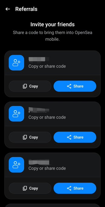 The image displays the OpenSea Mobile referrals screen titled "Invite your friends," showing three unused invite codes with options to "Copy" or "Share" each code. This aligns with the post where the user is offering 3 invites to OpenSea Mobile for friends who haven't received a code yet.