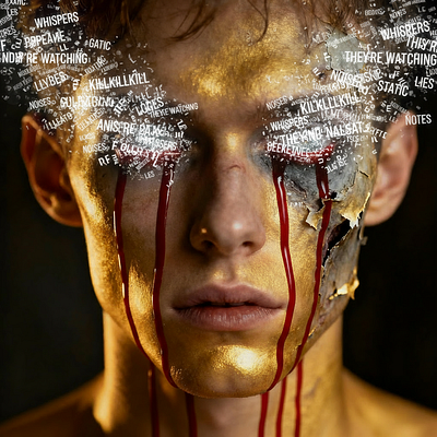 The image features a person with gold makeup, including red eye shadow and fake blood dripping down their face. The individual has a sad expression as they look into the camera. The caption for this image reads "I have just collected specters of paranoia" by @mat__nova on @objktcom objkt.com/tokens/KT1TYSR, which is related to the post about the person with fake blood and makeup.