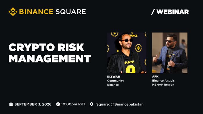 A Binance Square webinar promotional poster for 'CRYPTO RISK MANAGEMENT' on September 3, 2026, featuring speakers Rizwan and AFK from Binance Angels MENAP Region.