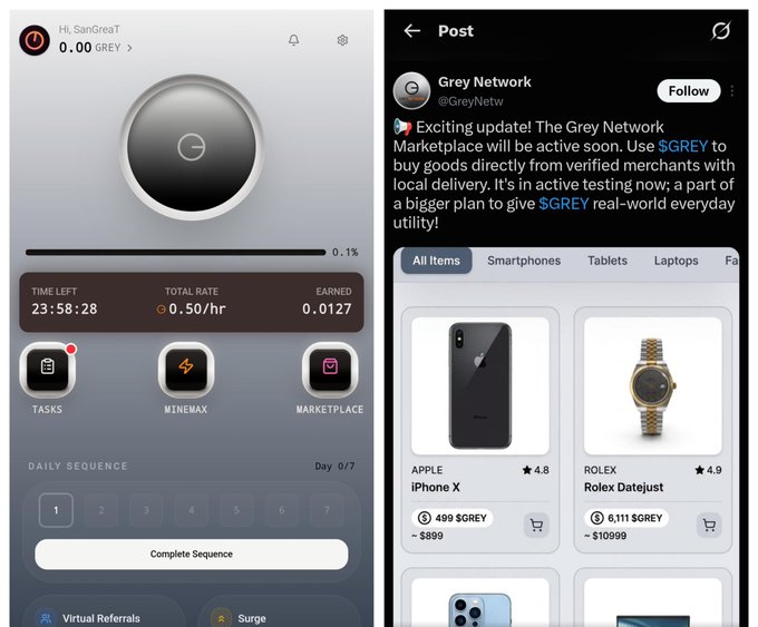 A two-screen view shows the "GREY Network" app with a mining rate of 0.50/hr earning 0.0127 GREY (23:58:28 remaining), alongside a tweet from @GreyNetw promoting their marketplace where items like an "APPLE iPhone X" (499 GREY / ~$899) and a "ROLEX Rolex Datejust" (6,111 GREY / ~$10999) can be purchased with the token.