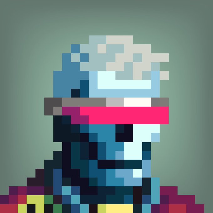 A pixel art portrait depicts a figure wearing a futuristic blue helmet with a pink visor, set against a teal background.