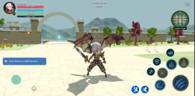 A screenshot from the mobile game 'Hero Wars' showing a winged character named 'KIBELIN' (Level 12) standing in 'LINDEN TOWN' with HP, MP, and XP stats visible.