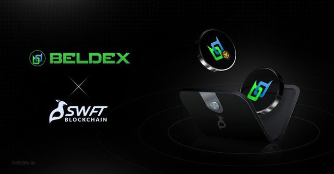Beldex × SWFT Blockchain promotional graphic featuring the Beldex logo in green and the SWFT Blockchain logo, alongside an image of a smartphone with floating cryptocurrency icons.