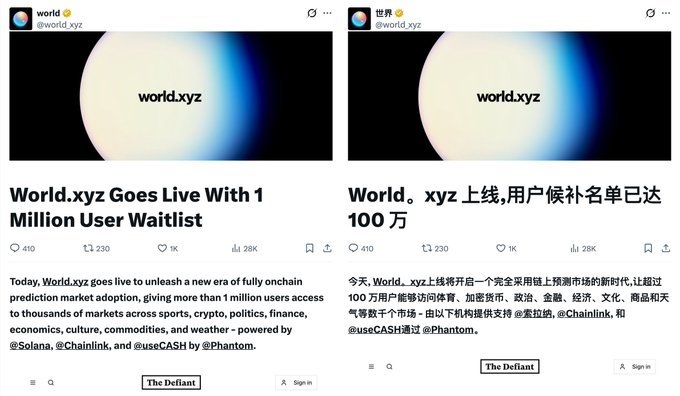 Two side-by-side Twitter/X posts from the official World.xyz account (@world_xyz) announcing the platform's launch, both featuring a "world.xyz" logo on a dark cosmic background and stating a 1 million user waitlist milestone, with one post in English and the other in Chinese—both showing identical engagement metrics (410 comments, 230 reposts, 1K likes, 28K views). The satirical caption highlights the contrast between the polished, high-EQ marketing of World.xyz's Solana-based prediction market launch and a critical "low EQ" interpretation suggesting the waitlist numbers were inflated by airdrop farming incentives, exemplified by the phrase "tricked over 1 million users into registering."