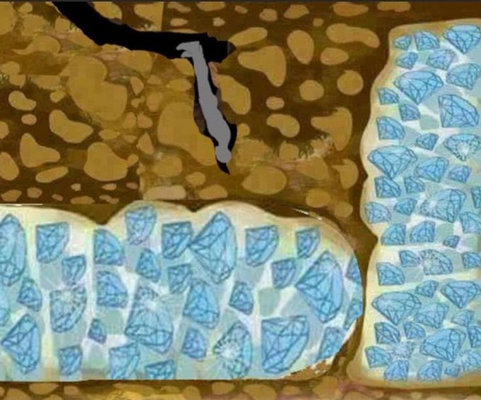 An illustration showing a pickaxe striking the ground, revealing clusters of blue diamond deposits embedded in the earth.