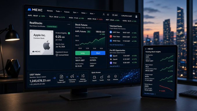 The image displays MEXC's trading platform on both a desktop monitor and tablet, showing RealStocks (featuring Apple Inc.) and Tokenized Stocks (AAPL, TSLA, NVDA) with live market data including prices like AAPL at 189.93 USDT, alongside USDT Wallet balances exceeding 1.24 million, illustrating the crypto-native integration of traditional equities the post describes.