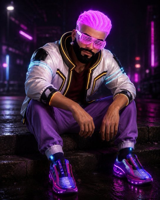 A bearded man with vibrant pink hair and matching shutter-shade sunglasses sits on the ground in a neon-lit urban setting, wearing a white jacket with glowing accents, purple pants, and futuristic sneakers. The image's cyberpunk aesthetic and energetic vibe complement the post's discussion about a creator's bold, attention-grabbing return to Decentraland.