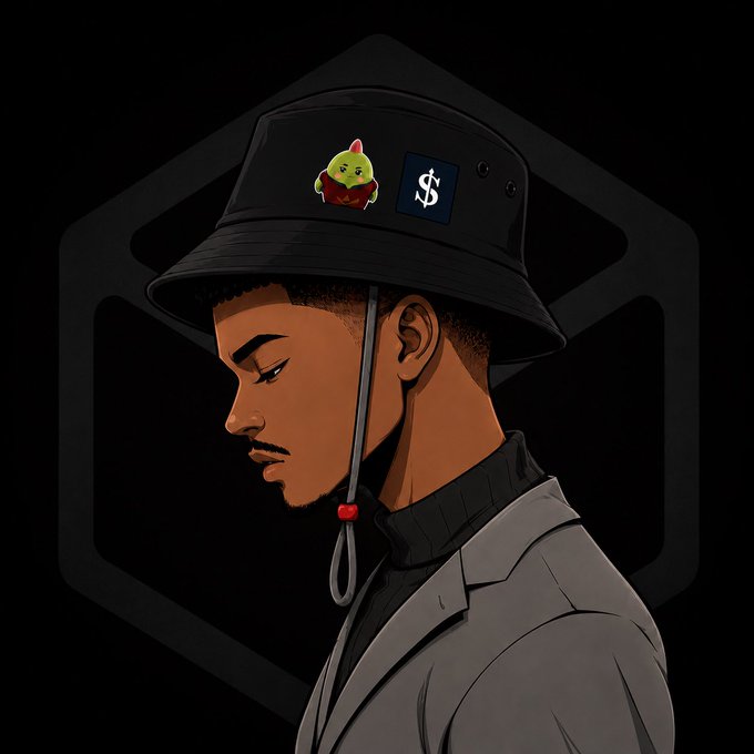 A stylized digital illustration of a man in profile wearing a gray suit and a black bucket hat decorated with a small green character pin and a dollar sign emblem, set against a dark hexagonal background.