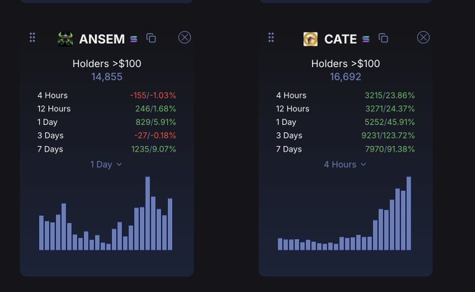 The image displays holder statistics for two meme coins, showing ANSEM with 14,855 holders and CATE with 16,692 holders (both holders >$100), alongside their respective percentage growth over various timeframes (4 hours, 12 hours, 1 day, 3 days, and 7 days). This visually supports the post's claim that CATE has surpassed ANSEM in actual real holder count, with CATE showing notably strong growth (e.g., 91.38% over 7 days) compared to ANSEM's more volatile pattern, illustrating the remarkable holder accumulation momentum behind CATE.