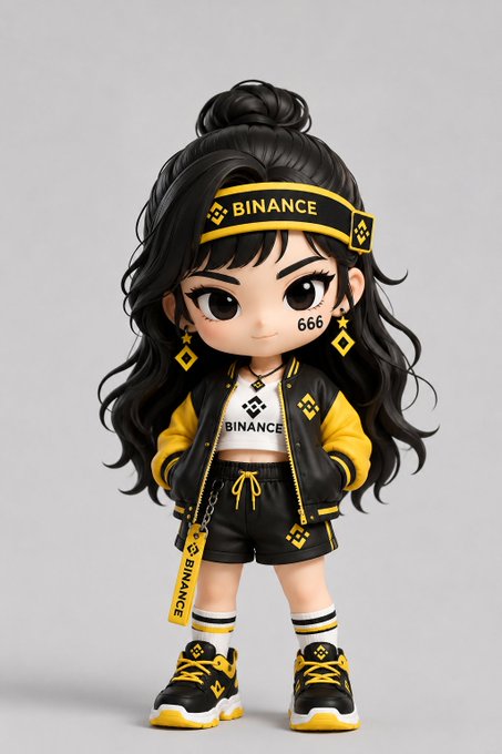 The image features a cartoon girl with long black hair wearing a yellow headband, a black jacket, and yellow shoes. She has her hands in her pockets and appears to be posing for the photo. The caption of the image reads "@dappOS_com @xBubble_ai 做了张图", which suggests that this is an AI-generated image or a digital illustration created by someone named @dappOS_com.