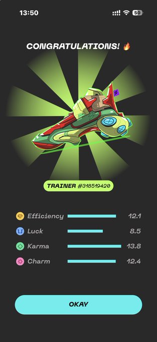 A STEP'N app congratulations screen displaying a shoe NFT (Trainer #318519420) with stats: Efficiency 12.1, Luck 8.5, Karma 13.8, and Charm 12.4.