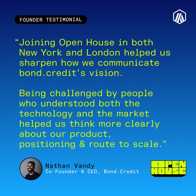 A founder testimonial graphic from ACEN HOUSE featuring a quote from Nathan Vandy, Co-Founder & CEO of Bond.Credit, about joining Open House events in New York and London.