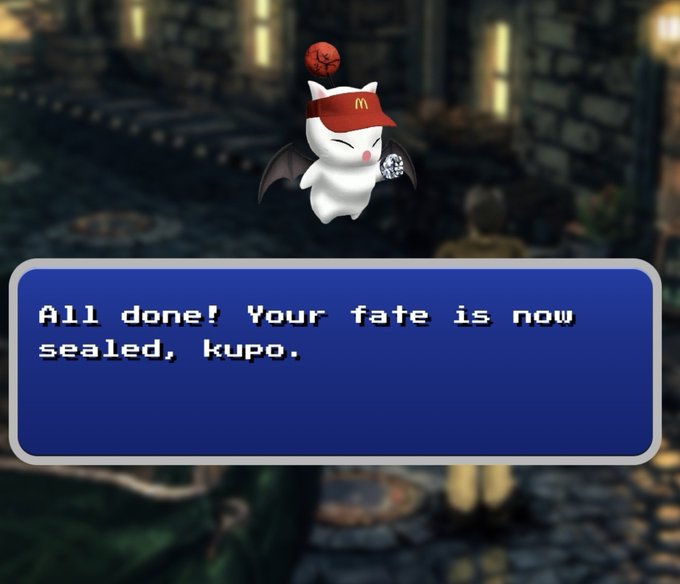 A Moogle from Final Fantasy, edited with a red McDonald's visor and bat wings, declares "All done! Your fate is now sealed, kupo." in a Final Fantasy-style dialogue box, tying into the post's promotion for KupoNFTs by combining the gaming reference with playful visual editing to build hype.