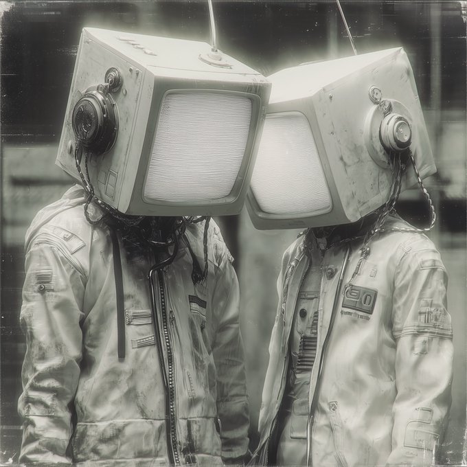 A black-and-white artistic image of two figures in astronaut-like suits with old television sets for heads facing each other.