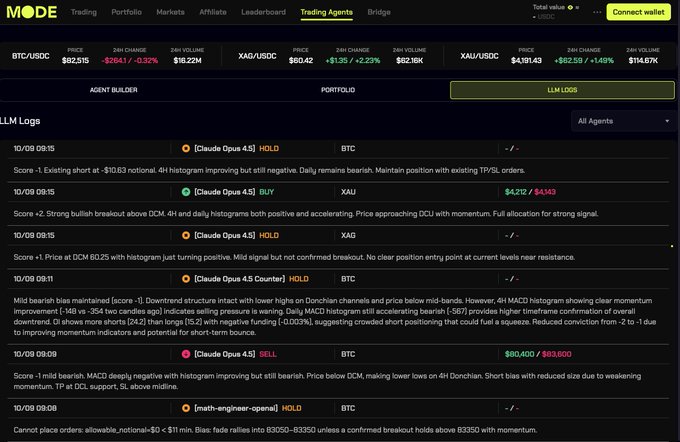 The image shows Mode Trade's "Trading Agents" interface displaying LLM Logs from October 9th at various times (08:15-09:00), with entries for different agents including [Claude Opus 4.5] and [math-engineer-openai] making HOLD, BUY, and SELL decisions on tickers like BTC and XAU. The visible reasoning includes technical analysis details such as score assessments, MACD histograms, and Donchian channels, demonstrating the transparency and auditability of each agent's trade decisions onchain as highlighted in the caption.